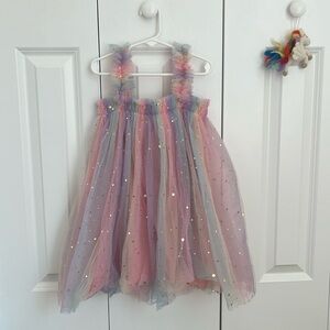 Kids rainbow ruffle dress with gold stars